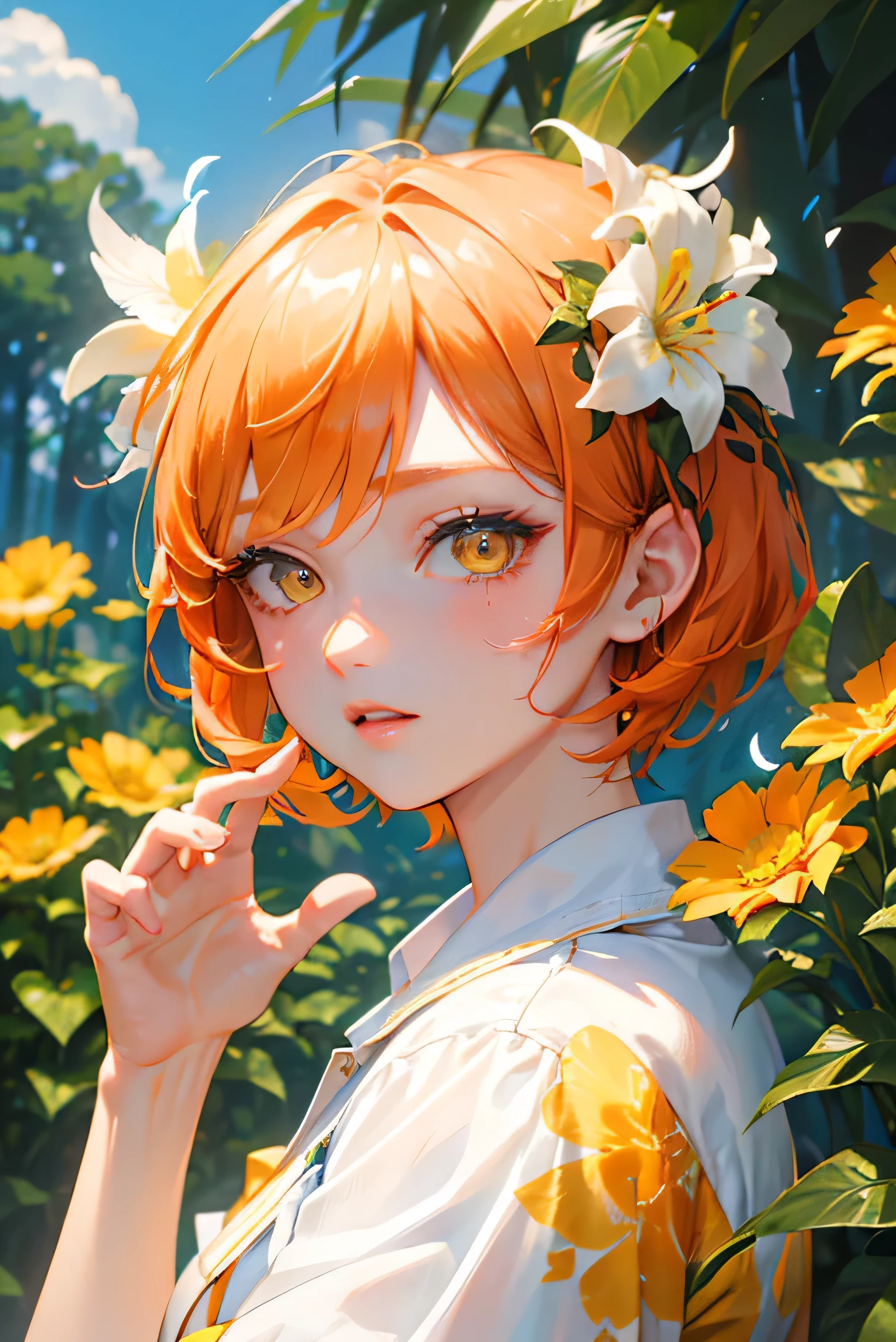 A cool adult woman wearing paradise clothes、1 person、blue sky、((Orange short hair))、(Yellow Eyes)、(Lively expressions)、Natural forest background、Bold Pose、White feathers scatter、Face close-up、(Colorful flowers in full bloom)