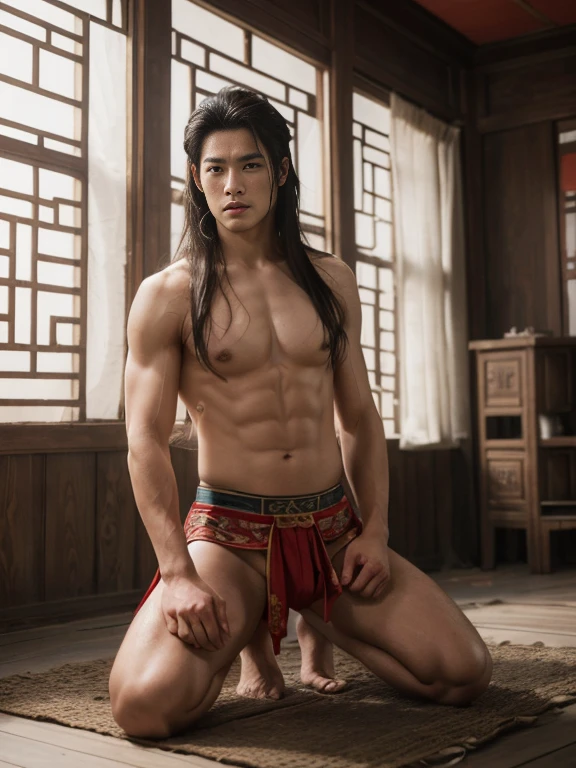 Realistic,Hot muscular Male concubine in the Han dynasty on his knees with legs spread apart showing off his huge bulge, wearing ancient revealing Chinese dress with long hair and masculine features.Battle scars