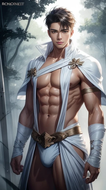 1 man, (male model) hot skin, masterpiece, best quality, most handsome man in the world, by Shen Quan, perfect body, beautiful male model, an attractive man 18-24 years old aesthetic, blossoms in spring, green fields, spring, plains, trees, vivid flowers, blue sky, rough and handsome young man in white transparent robe, white transparent fabric, shirtless jacket shoulders, exposed chest muscles, exposed thighposed transparent white briefs)), (male focus), (smooth body)), smile, super cute, dynamic pose, cool and seductive, dramatic lighting, full body shot, full body shoot, young face, full body, body hairless, skinny tall, fit body, dominant, white or white skin, young face, firm body, hd, natural flesh tone, soft light, highly detailed, looking at the audience, photography, detailed skin, real person, realistic, photorealistic realistic, crazy detail, facial detail, hype maximization, hype surrealism, film, telephoto, lighting complex detail , Highly detailed, Highly detailed, Digital painting, artstation, concept art, smooth, sharp focus, illustration, Unreal Engine 5, 8K, art by Ross Tran and Greg Rutkowski and Alphonse Mucha, UHD, 8k, Show men only .8k Ultra HD, DSLR, dim lighting, high quality, film grain, Fujifilm XT3, male fan, 2-person, two-person model.