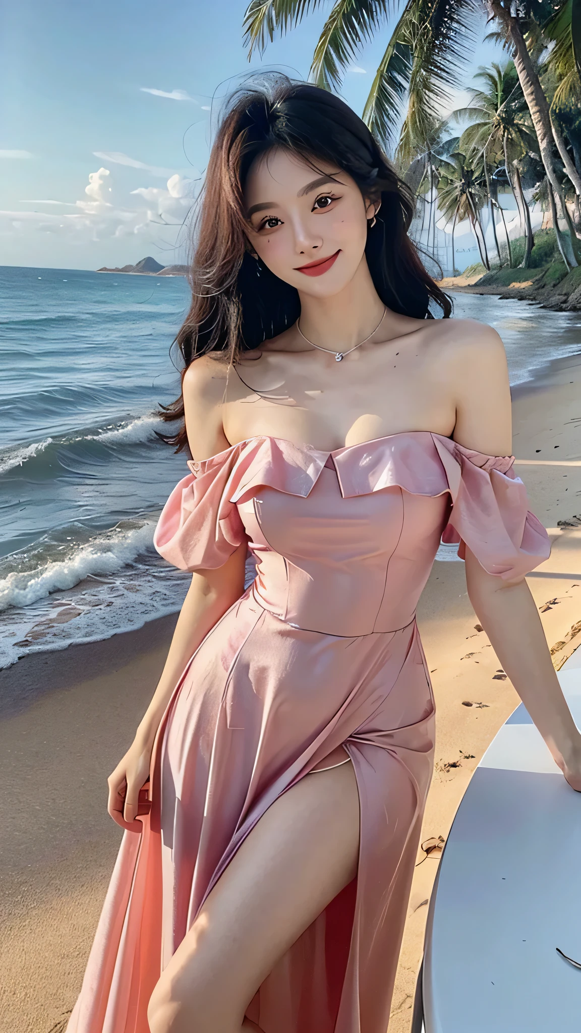 A sweet girl by the beach,voluminous hair,Delicate face,Photorealsitic,of a real,largeaperture,wears a pink dress,A cropped dress,Off-the-shoulder,A dress around the neck,Slim,smiles,Ultra-high resolution