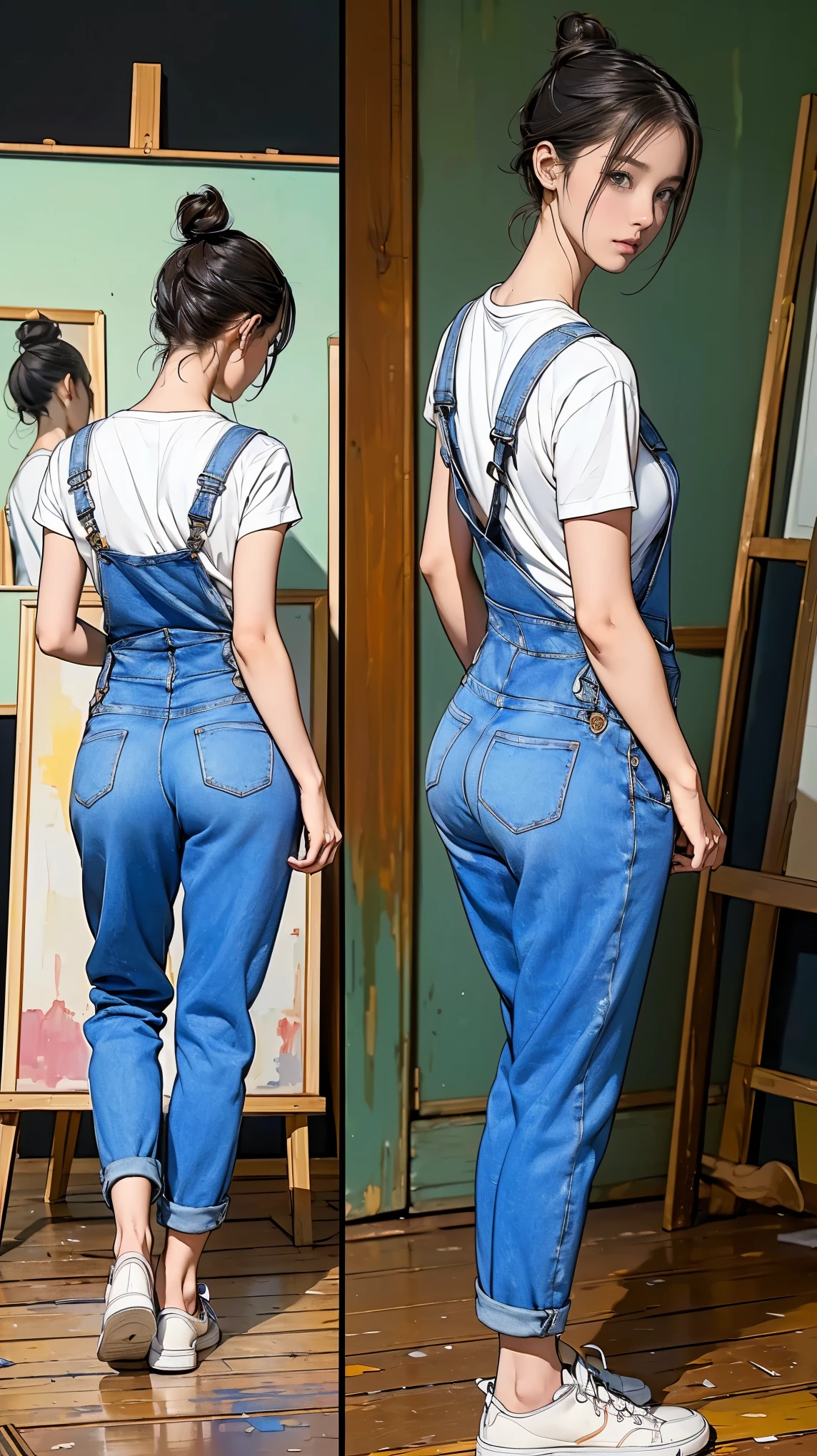 ((masterpiece)),(((highest quality))),((Reference Sheet, Character Design, front, return, ~ ~ side, Mr..々Hairstyle, Mr..々Performance, Facial Expressions)), 14-year-old girl, Cute type, (Very slim:1.4), (Very small ass:1.4), Realistic buttocks, Big Breasts, Short Bob, Thin thighs, Long legs, It's not a big deal, ((Beautiful artist in jeans overalls、After painting on a large canvas、Relax in the art studio。, sneakers, 19th century Parisian artists, Messy hair bun)), ((Browsing Caution:1.0))