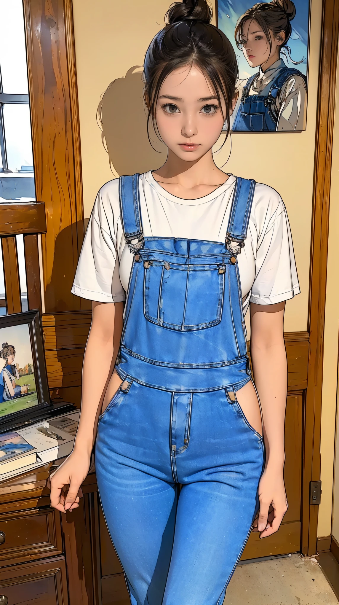 ((masterpiece)),(((highest quality))),((Reference Sheet, Character Design, front, return, ~ ~ side, Mr..々Hairstyle, Mr..々Performance, Facial Expressions)), 14-year-old girl, Cute type, (Very slim:1.4), (Very small ass:1.4), Realistic buttocks, Big Breasts, Short Bob, Thin thighs, Long legs, It's not a big deal, ((Beautiful artist in jeans overalls、After painting on a large canvas、Relax in the art studio。, sneakers, 19th century Parisian artists, Messy hair bun)), ((Browsing Caution:1.0))