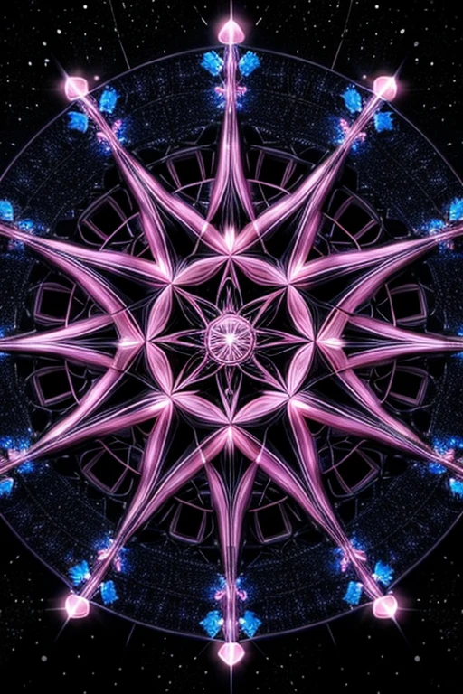 A beautiful creature that is growing from a eight pointed star in the center, growing like a biomechanical organism, pale pink, black and metallic silver,like a living organism, shining bright, growing in symmetrical designs and arabesques, adorned with blue lights, digital art, masterpiece, highly detailed, 3d modelling, 4k resolution, abstract art, digital art, photographic


