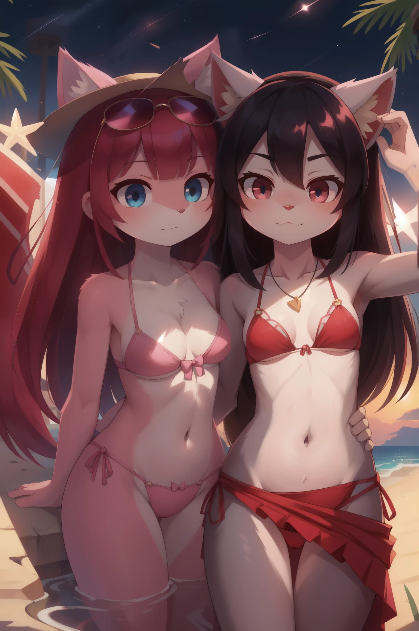 furry girl, cat, red hair, Knight bangs hairstyle, long ponytail, anime style, medium breasts, blue eyes, ((bright pink bikini Bandeau with bow in the center, side bows at the bottom, Sunglasses and wide-brimmed hat)), high quality, detailed body, detailed eyes, detailed face, masterpiece, glistening body, detailed body fur, best quality, two tone body, pink fur, clear pink fur, perfect lighting, perfect shadows, perfect eyes, perfect hair, perfect face, gorgeous body, skinny, :3,