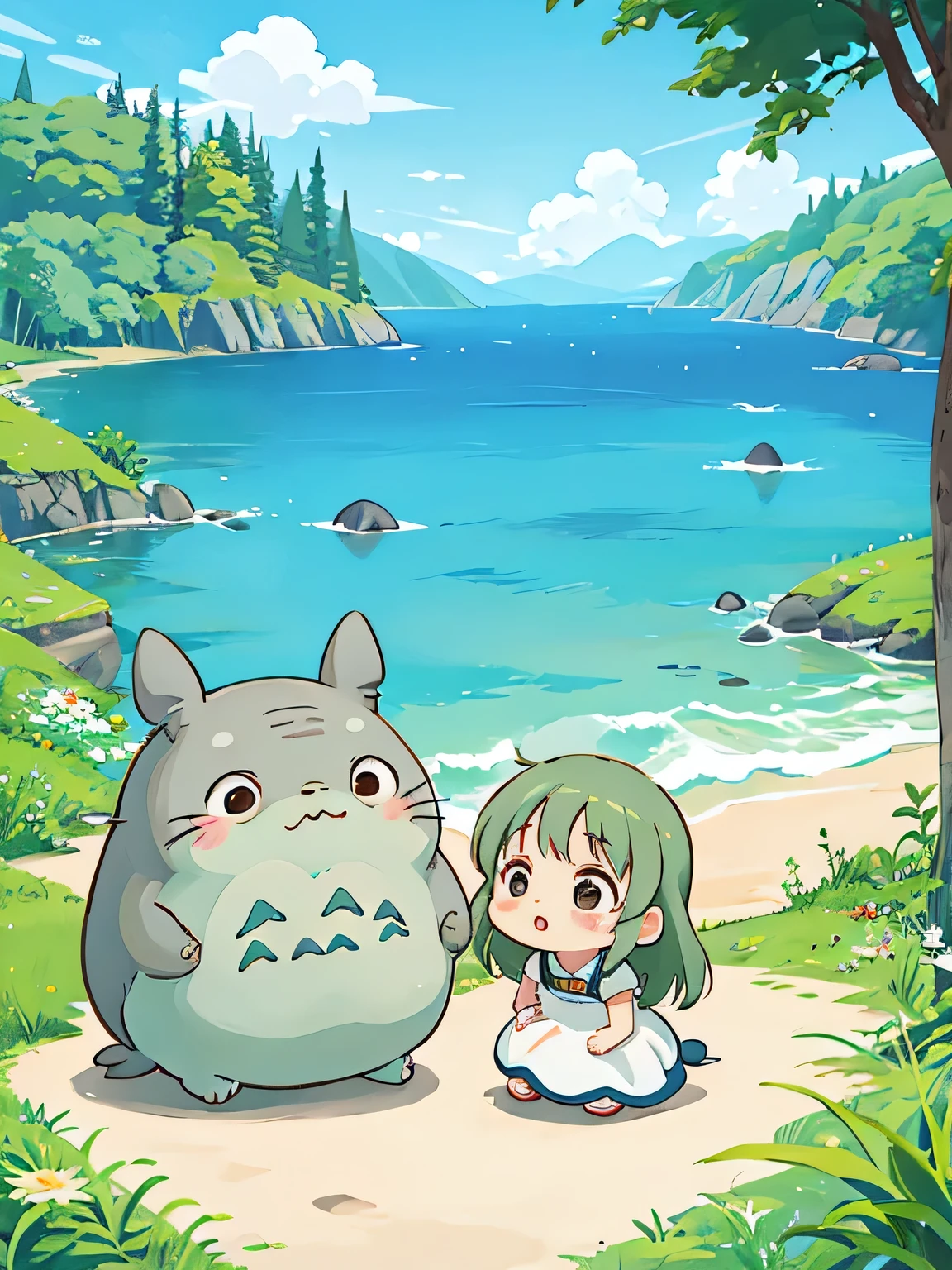 Hayao Miyazaki style, Kawaii Design, most beautiful girl ever、Chibi, Midsummer、Beach、Balasol、Cute Totoro