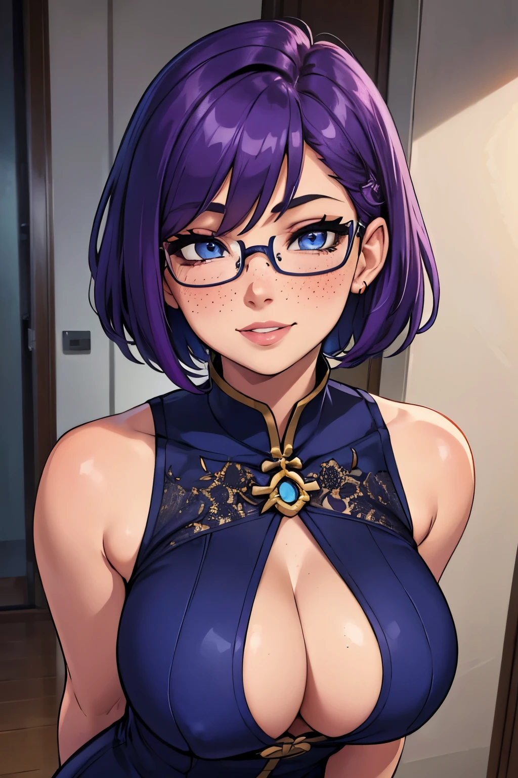 Beautiful young ager, 1girl, purple hair, blue eyes, extremely short hair, freckles on face, happy, smiling, blushing, thin frame eyeglasses, thick lips, full lips, huge breasts, extreme cleavage, deep cleavage, very thin body, keyhole chinese dress, sleeveless, bare arms, perfect anatomy, detailed background, ultra-detailed, 4k, 8k, best quality, masterpiece, detailed background