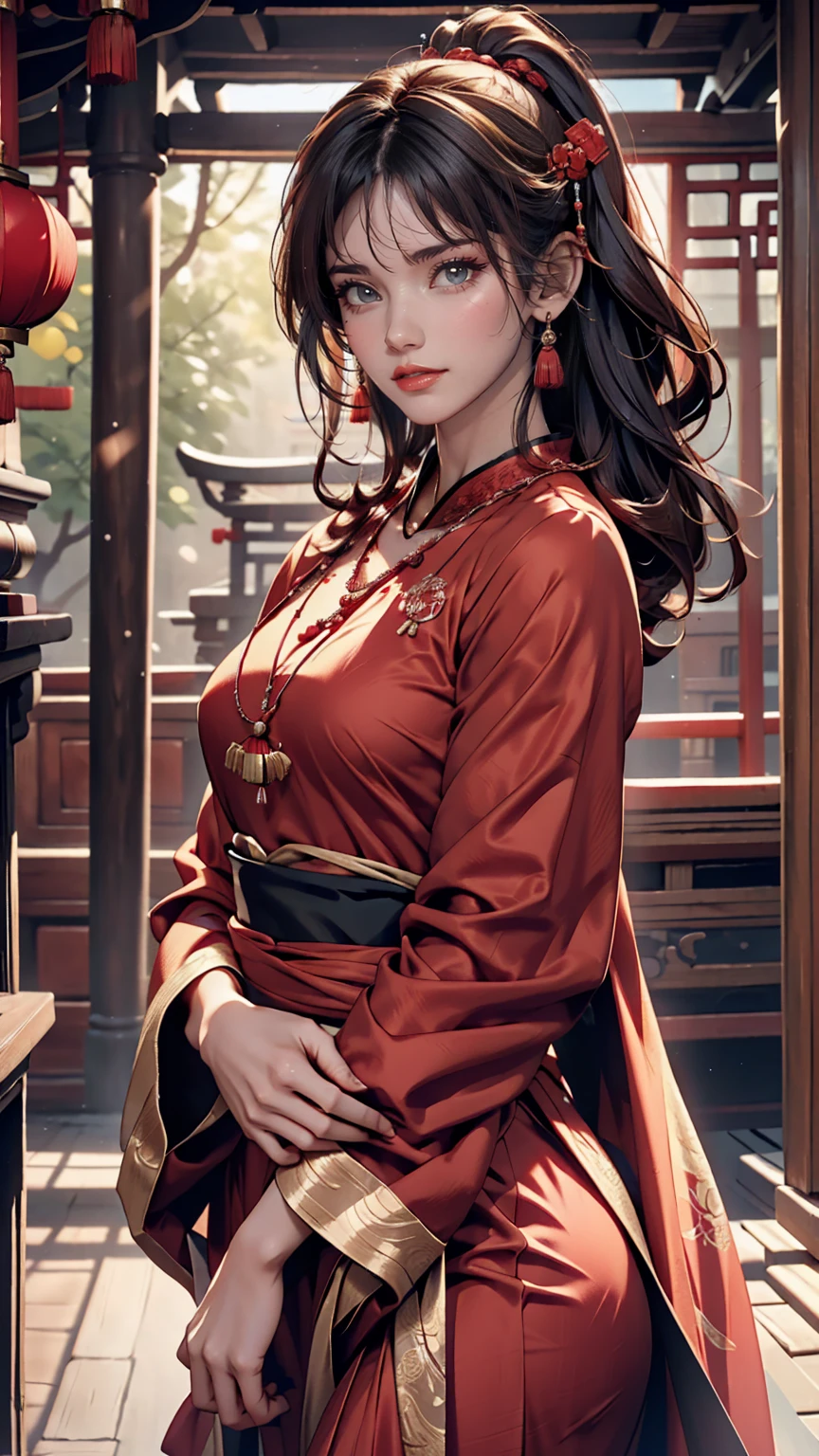 最high quality, masterpiece, High resolution, One girl, Chinese Hanfu,Chinese Architect Background, Red scarf, hair ornaments,necklace, jewelry,Beautiful Face,On top of that_body, Tyndall effect,Realistic, Dark studio, Rim Light, Two-tone lighting,(Skin with attention to detail:1.2), 8K Ultra HD, Digital SLR, Soft lighting, high quality, Volumetric lighting, Frank, photograph, High resolution, 4K, 8k, Bokeh,Girl in a red dress