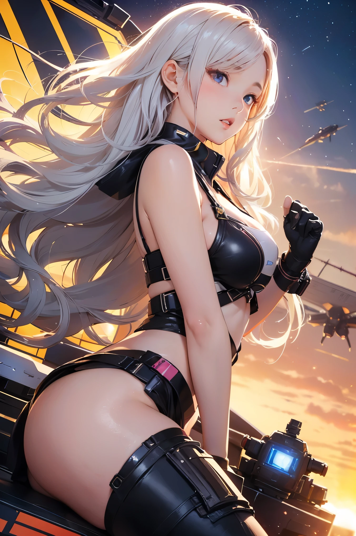 ((Seductive Anime Girl:1.2))、((Meticulously drawn hands:1.2))、Meticulously drawn hair, Meticulously drawn eye, Precise human body structure、((Combative posing:1.2)), ((armament:1.3))、((dynamism:1.3))、((dynamic angle:1.5))、((Being in battle field:2))、((latex micro bikini:1.3 crop top:1.3))、((sleeveless:1.5))、((crop top navel))、((highleg:1.3))、((huge breasts:1.3))、((huge hip:1.3))、((thick thighs))、curvy、((collarbone))、((cameltoe))、((Glossy realistic skin texture))、((shiny skin))、((Meticulously drawn hands:1.2))、perfect anatomy、masterpiece, ultra-detailliert, 8k, hiquality, Top image quality, Smooth texture、watercolor