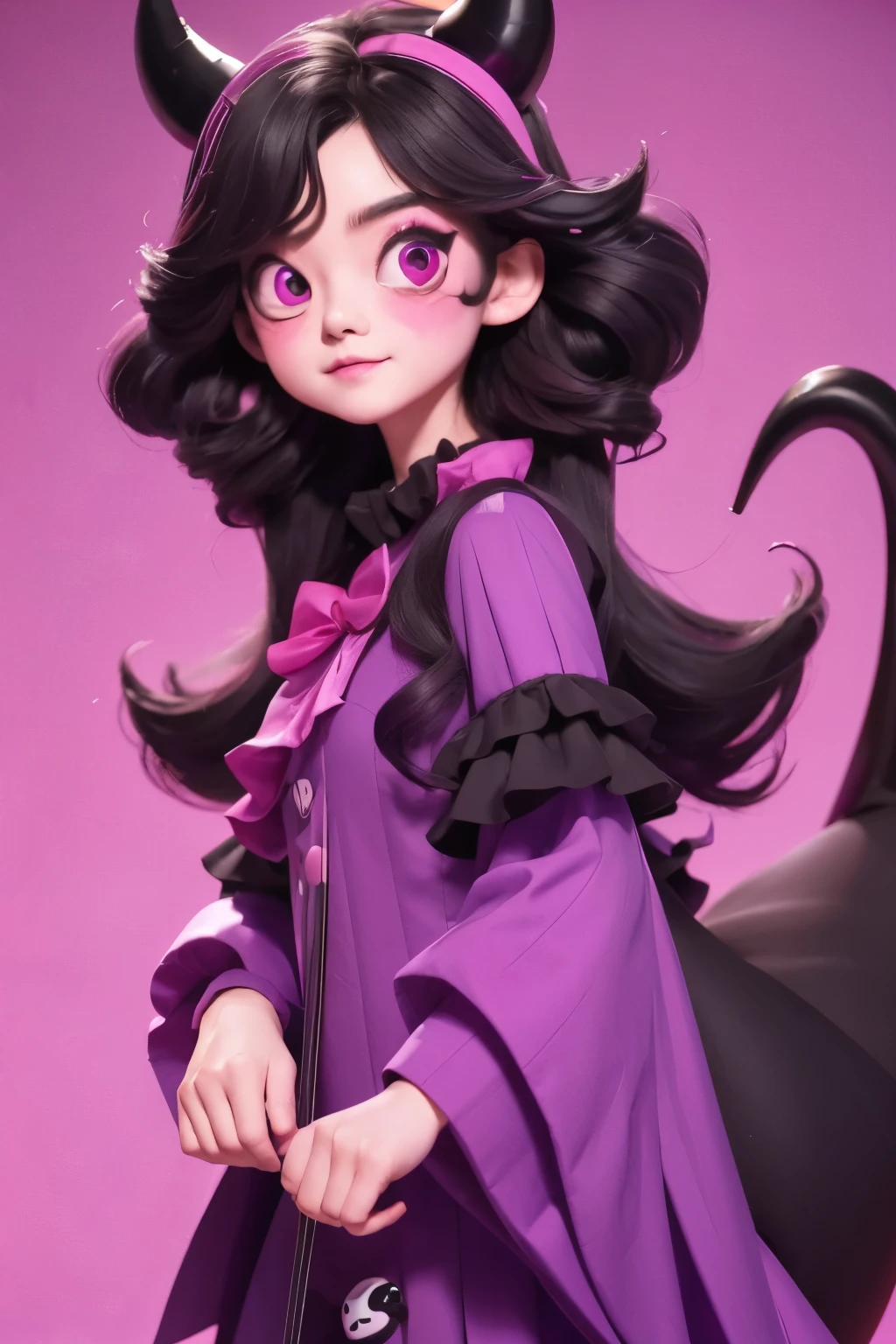 Physical characteristics:black hair、Pink eyes、Cute face、Wearing black or purple clothing、Clown costume、Wearing pink skull ornaments、黑色bat翅膀、Devil Tail Character Traits:Naughty、Lively、Love to play pranks。
Action posture:Standing、Full body portrait、Character painting other elements:Magic Wand、bat、ghost、candy。