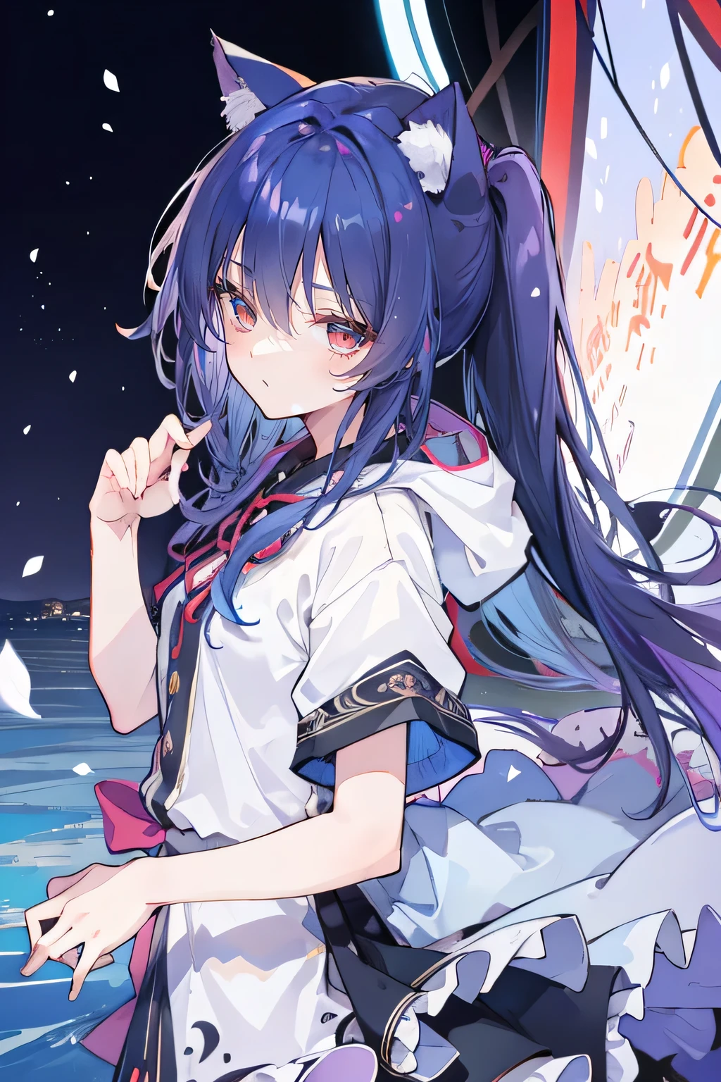 (masterpiece:1.2),Super detailed,lifelike,Expressive eyes,fair skin,perfect face shape,1 girl,
Japanese comics,Gorgeous blue hair,flowing blue hair,flowing clothes,Cat ears,Petals fall,beautiful lola,Baby Angel,
Shaking head with one hand,Cross your legs,Gentle and peaceful background,The pavilion is cool and comfortable,smile, wearing hoodie, background of tokyo,back views,snowing, winter,lie on the water. (Best Quality: 1.3), (Masterpiece: 1.3), (Illustration: 1.3), (Ultra Detailed: 1.3), (Imide Lens: 0.9), 1girl, Medium Breasts, Purple Eyes, ((Dark Blue Hair) ), hair accessories, young, clothing-gladiia, long hair, dark blue hair, indoors, black shorts, high socks, low ponytail, expressionless, upper body, close-up, coat, skirt,