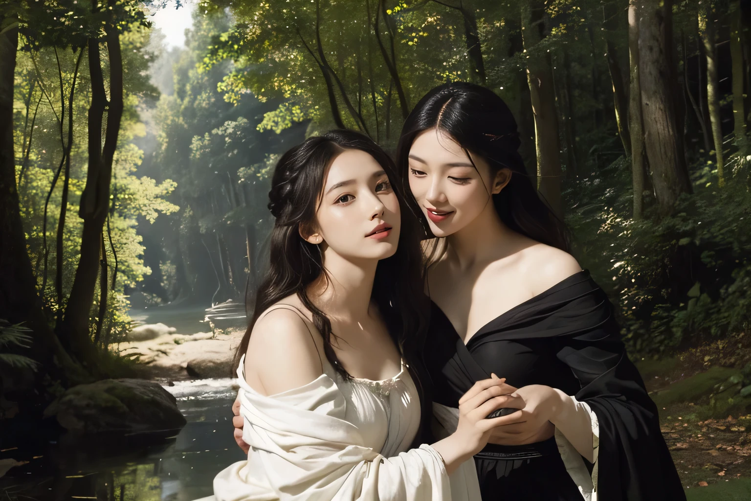 Giorgione painting style,Barbizon forest A beautiful woman in Greek dress smiles on the shore,Sweet and seductive appearance.、Caravaggio's paintings、Chiaroscuro of Caravaggio、hair tousled by the wind,Two women frolicking,cute smile, expression of ecstasy,Sexy,erotic, full body portrait