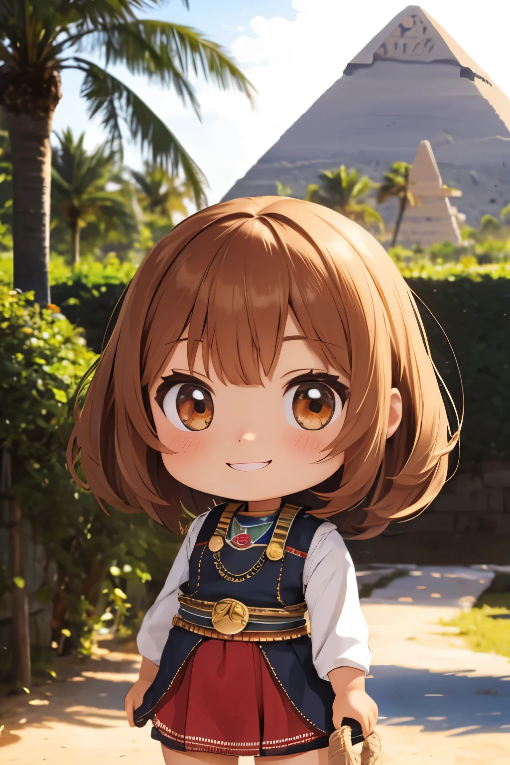 Photorealistic、Chibi Girl Doll（Visit the Egyptian Pyramids、smile、Adventurer Style）