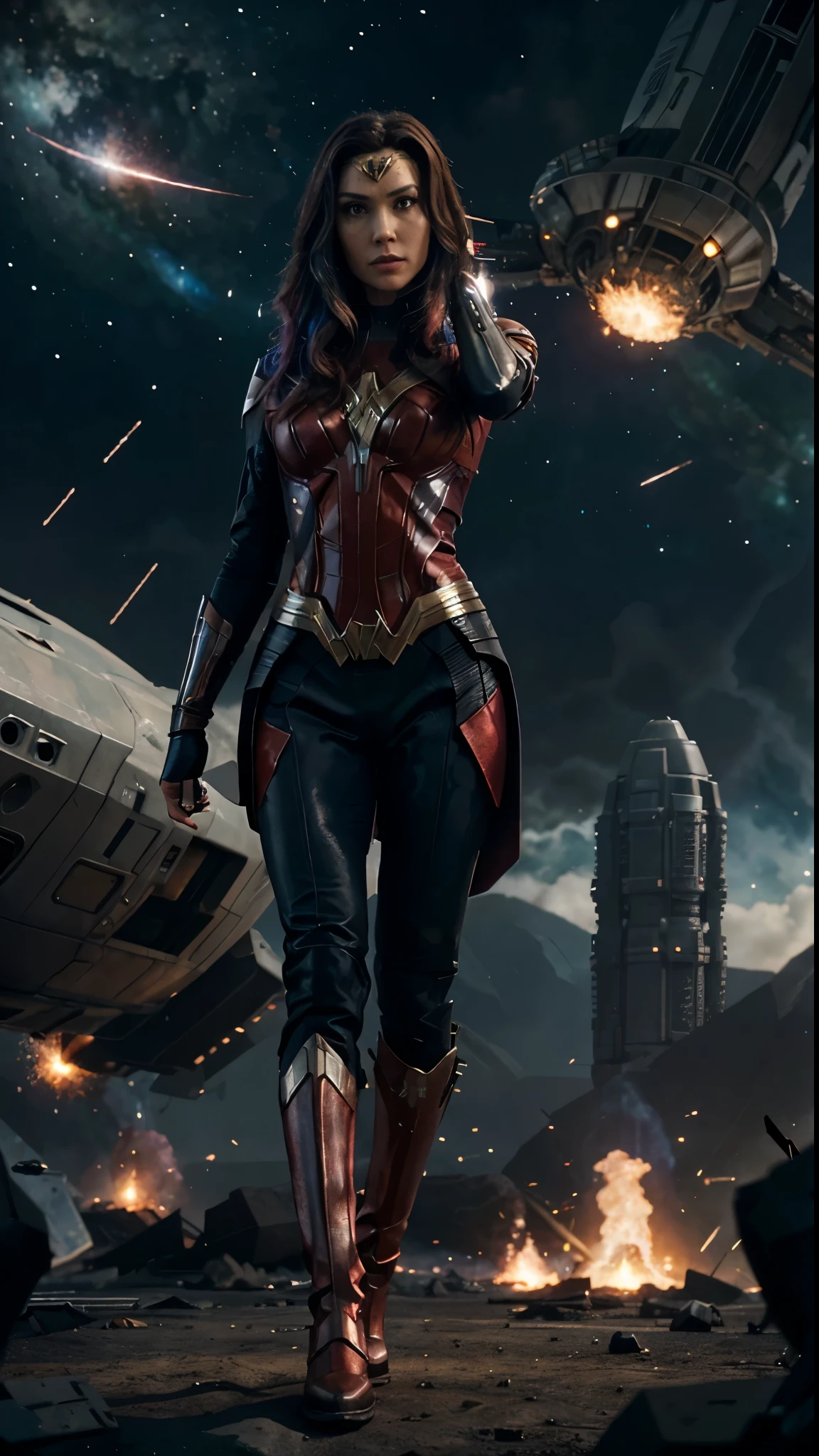 A scene from a movie。The iconic figure of Wonder Woman appears against the backdrop of an interstellar battlefield、A fascinating cinematic scene follows.。Embers from a devastating explosion cast an eerie, fiery glow across the screen.、Protagonist's Hall々It emphasizes its presence.。Hold the Stars and Stripes High、He flashed the patriotic shield emblem、Ready to join forces with the eccentric Guardians of the Galaxy team。Their futuristic spaceship、Benatar looms ominously in the foreground.、Its smooth metal surface reflects the chaotic flames in the distance.。The scene is set for epic action