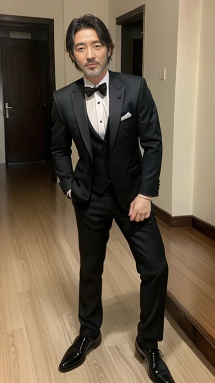 looking at viewer, Japanese man, 45 year old , The head is short and gray, Beard is stubble, Muscular and rugged feel, Black formal wears, Black swallow tail suit, morning , Black bow tie、black shoes, hands rose flower, standing, on floor, wedding Party, night, (masterpiece, highest quality, High resolution, Photo realistic, sharp, RAW Photos, perfection, Very detailed),