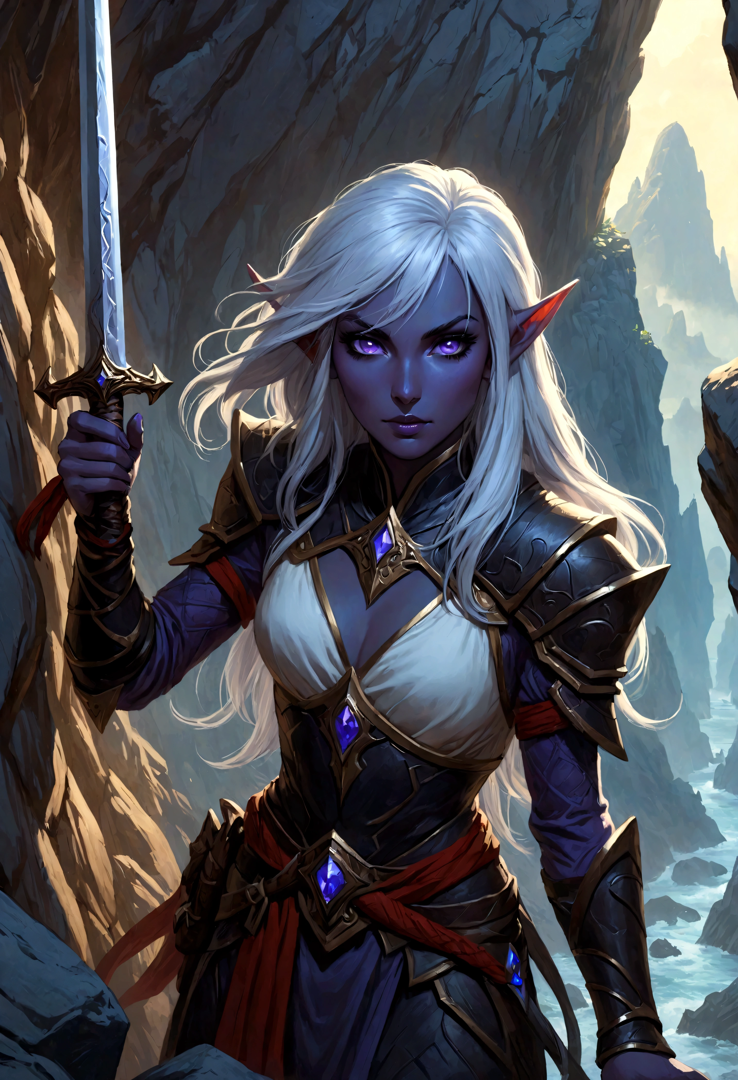 Close-up of a woman holding a sword near the rocks,climb岩，climb， Noah Bradley (Noah Bradley) Inspiring Portraits,Dark Elves，Drow，Dungeons &amp; Dragons，Magic Game，magic