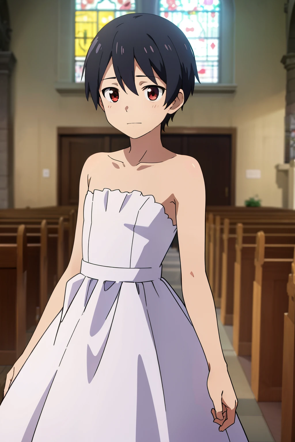 Anime style, Highres, Masterpiece, Best quality at best,High-quality illustrations, Best Quality,hight quality, hight detailed, Depth field, Anime screencap style, 1boy, Boy, Shota, Solo person, Inside a church, Style of wedd00ing, Body, adorable boy, Handsome boy, Cheerful boy, Strapless dress, Seen from front, boy focus, Uhd, 4k