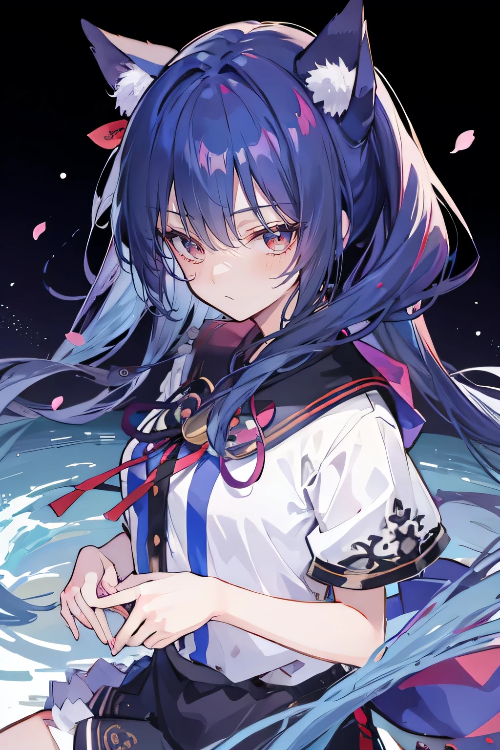 (masterpiece:1.2),Super detailed,lifelike,Expressive eyes,fair skin,perfect face shape,1 girl,
Japanese comics,Gorgeous blue hair,flowing blue hair,flowing clothes,Cat ears,Petals fall,beautiful lola,Baby Angel,
Shaking head with one hand,Cross your legs,Gentle and peaceful background,The pavilion is cool and comfortable,smile, wearing hoodie, background of tokyo,back views,snowing, winter,lie on the water. (Best Quality: 1.3), (Masterpiece: 1.3), (Illustration: 1.3), (Ultra Detailed: 1.3), (Imide Lens: 0.9), 1girl, Medium Breasts, Purple Eyes, ((Dark Blue Hair) ), hair accessories, young, clothing-gladiia, long hair, dark blue hair, indoors, black shorts, high socks, low ponytail, expressionless, upper body, close-up, coat, skirt,