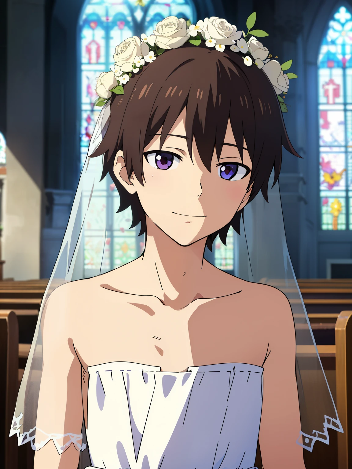 Anime style, Highres, Masterpiece, Best quality at best,High-quality illustrations, Best Quality,hight quality, hight detailed, Depth field, Anime screencap style, 1boy,**********, Shota, Solo person, Inside a church, Style of wedd00ing, Halter dress, Bare shoulder, Transparent veil covering head, Flowers on head, Fluffy hair, Handsome boy, Cheerful boy, Body, Seen from front, boy focus, Uhd, 4k