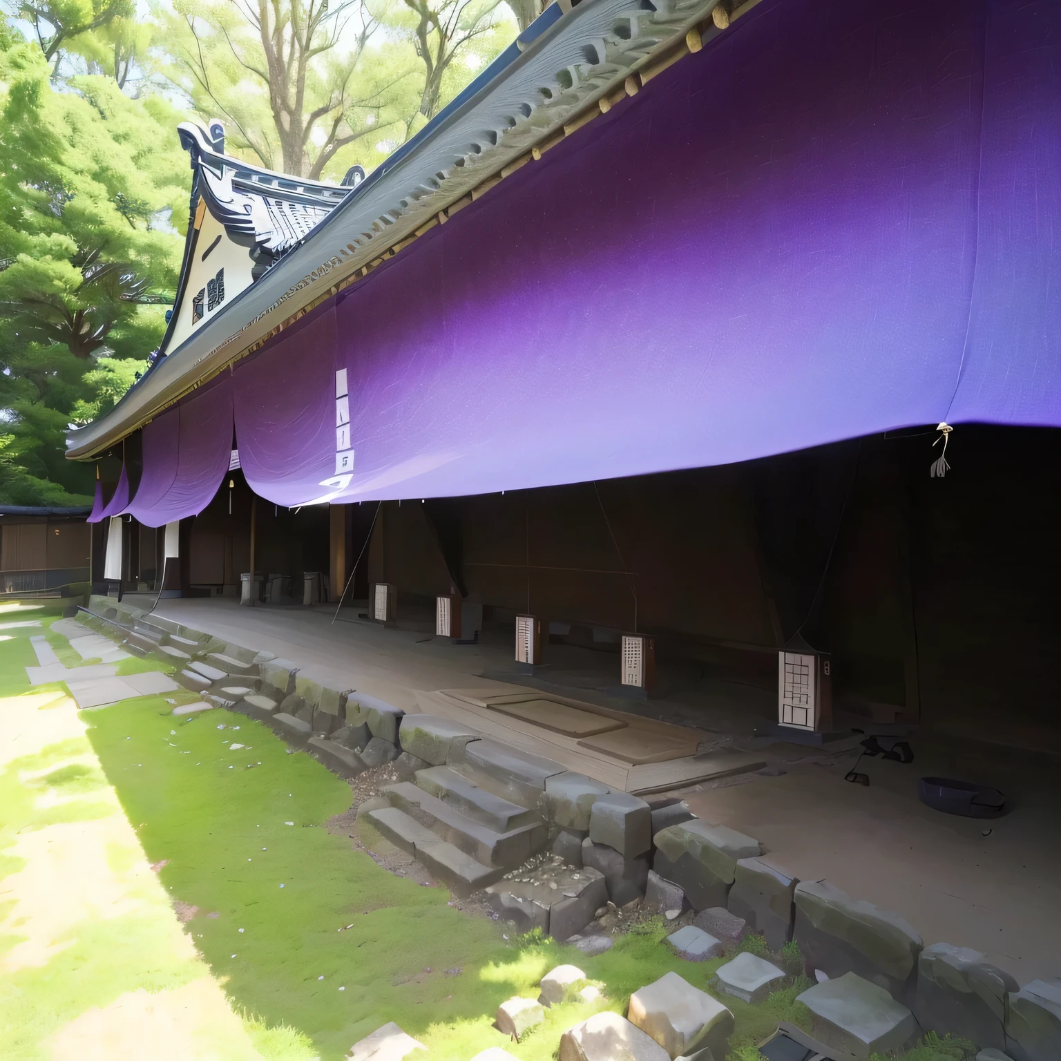 The purple-black tent had white numbers on it., A tarpaulin is hanging., Koyoharu Gotoke, Outdoor stage with canopy, Ryoji Hase, Japanese black tile roof with louvers, shrineShinto, Ninchaku, Poshi Ida, ito ogure, Hakusensha, Ancient Japanese Architecture, purple roof, beautiful pictures, shrine