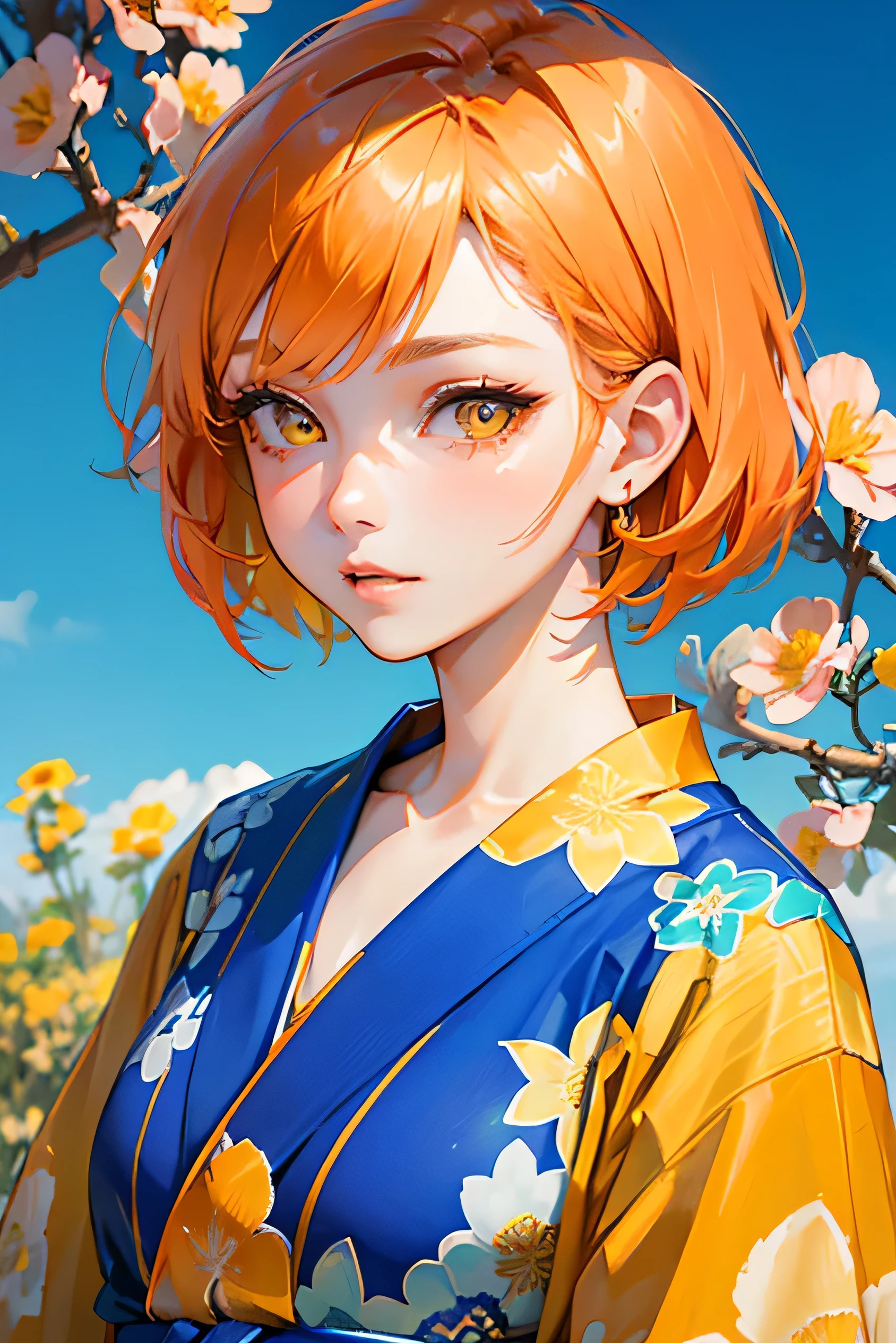 A cool adult woman wearing a paradise kimono、1 person、blue sky、((Orange short hair))、(Yellow Eyes)、(Lively expressions)、A confident and cool look、Face close-up、(Colorful flowers in full bloom)