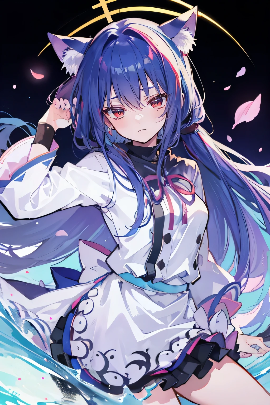 （masterpiece：1.2），Super detailed，lifelike，Expressive eyes，fair skin，perfect face shape，1 girl，
Japanese comics,Gorgeous blue hair,flowing blue hair,flowing clothes,Cat ears,Petals fall,beautiful lola,Baby Angel,
Shaking head with one hand，Cross your legs，Gentle and peaceful background，The pavilion is cool and comfortable,smile, wearing hoodie, background of tokyo,back views,snowing, winter,lie on the water. (Best Quality: 1.3), (Masterpiece: 1.3), (Illustration: 1.3), (Ultra Detailed: 1.3), (Imide Lens: 0.9), 1girl, Medium Breasts, Purple Eyes, ((Dark Blue Hair) ), hair accessories, young, clothing-gladiia, long hair, dark blue hair, indoors, black shorts, high socks, low ponytail, expressionless, upper body, close-up, coat, skirt,