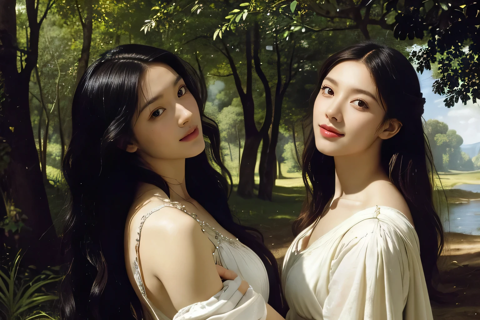 Giorgione painting style,Barbizon forest A beautiful woman in Greek dress smiles on the shore,Sweet and seductive appearance.、Caravaggio's paintings、Chiaroscuro of Caravaggio、hair tousled by the wind,Two women frolicking,cute smile, expression of ecstasy,Sexy,erotic, full body portrait