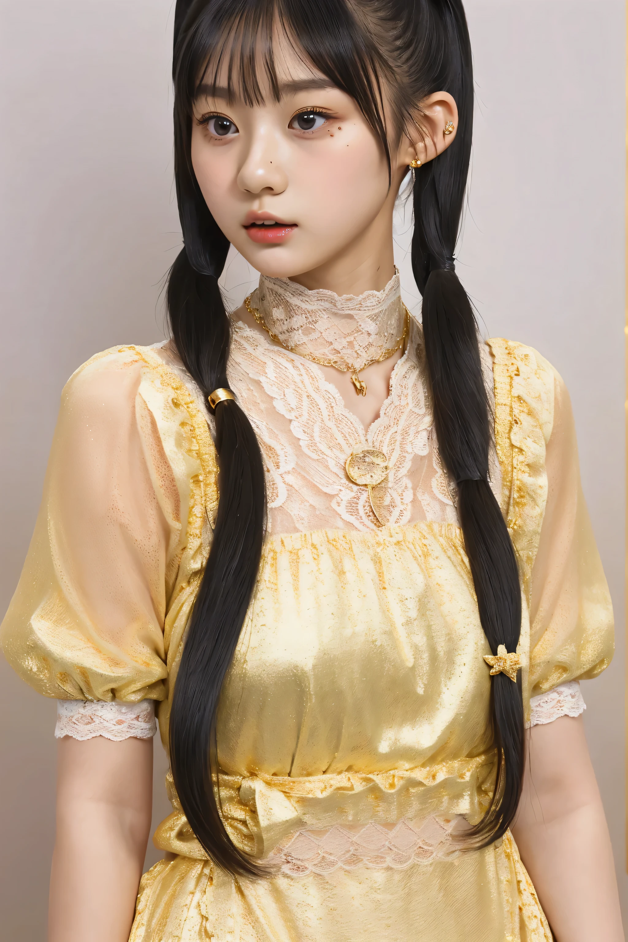 ((((upper body shot)))),(((sagging breasts))),Ultra-high resolution,big eyes,Japanese,(a girl),(1 girl),baby face)),lolita,((17 years old)),((cute)),pretty,earring,((facing at viewer)),necklace,((twintail)),(gold hair accessories),((((gold body lace)))),(((palace))),((veill))