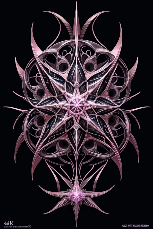 A beautiful creature that is growing from a eight pointed star in the center, growing like a biomechanical organism, pale pink, black and metallic silver,like a living organism, shining bright, growing in symmetrical designs and arabesques, adorned with blue lights, digital art, masterpiece, highly detailed, 3d modelling, 4k resolution, abstract art, digital art, photographic


