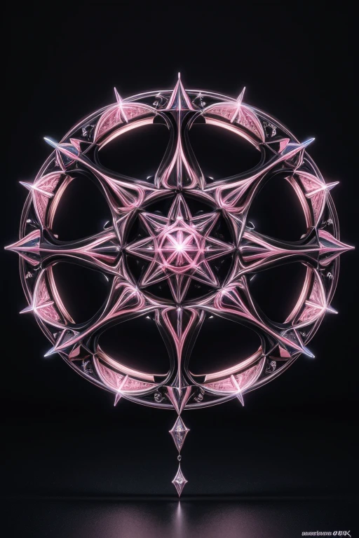 A beautiful creature that is growing from a eight pointed star in the center, growing like a biomechanical organism, pale pink, black and metallic silver,like a living organism, shining bright, growing in symmetrical designs and arabesques, adorned with blue lights, digital art, masterpiece, highly detailed, 3d modelling, 4k resolution, abstract art, digital art, photographic