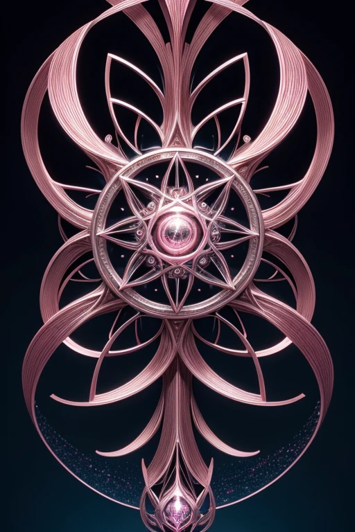 A beautiful creature that is growing from a eight pointed star in the center, growing like a biomechanical organism, pale pink, black and metallic silver,like a living organism, shining bright, growing in symmetrical designs and arabesques, adorned with blue lights, digital art, masterpiece, highly detailed, 3d modelling, 4k resolution, abstract art, digital art, photographic