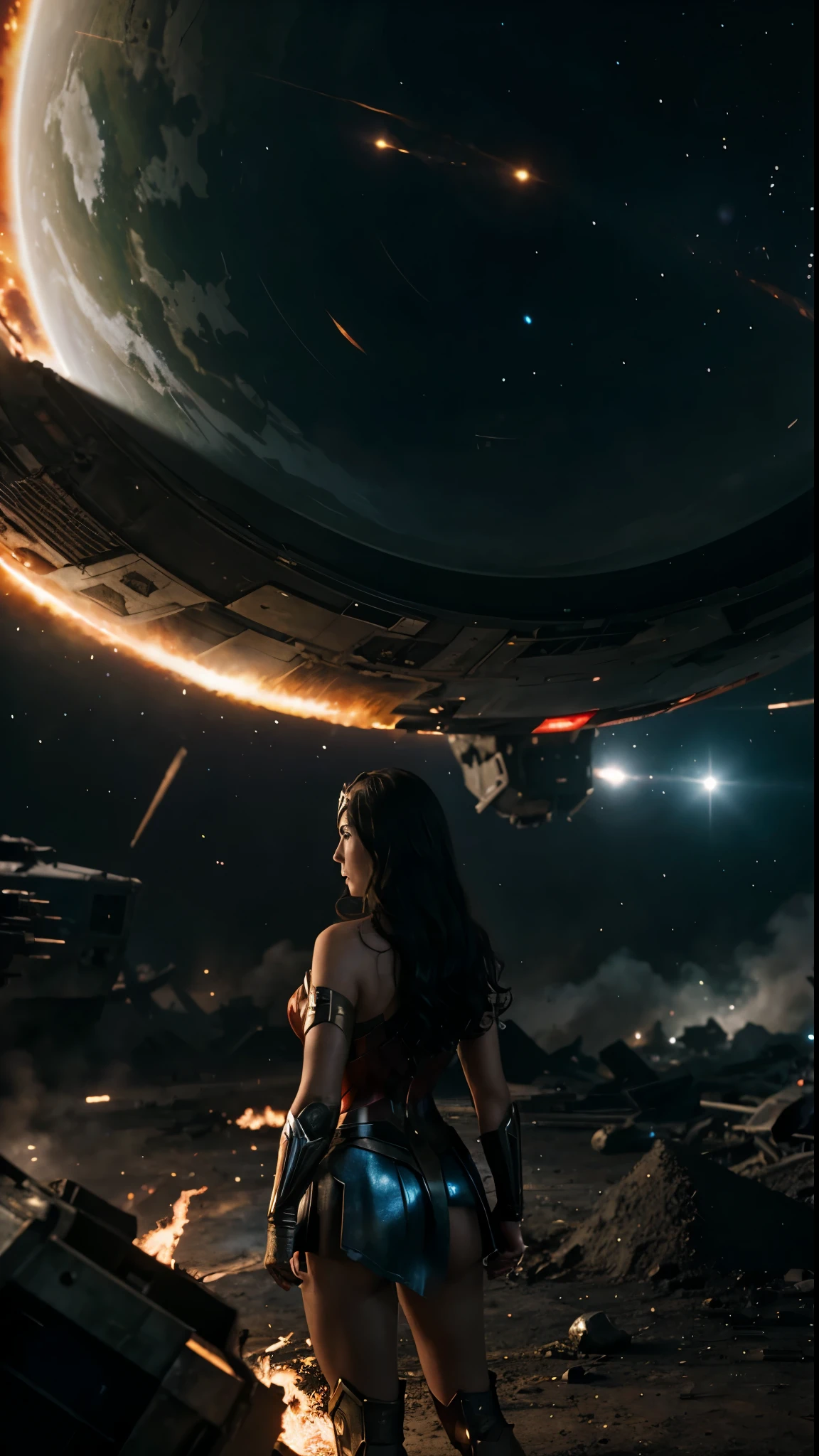 『Wonder Woman』に登場するWonder Womanの登場を映画のようにリアルに表現。The scene changes to a space landscape.、The aftermath of a fierce battle unfolds。In the distance、The remains of a destroyed spaceship are engulfed in swirling flames.、This tells the story of the chaos that followed.。Our Heroes、Wonder Womanは銀河のはるか彼方から現れ、His iconic shield shines brightly against a dark background、Concentrate、I am determined。The scene is lit by a Dutch angle.、Increase visual drama and tension、A luxurious spaceship's technological marvel can be seen faintly in the background。The atmosphere is a fantastic blend of beautiful