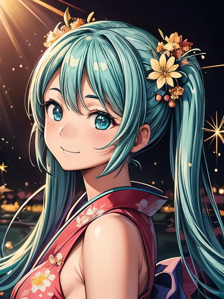 (masterpiece、highest quality、highest quality、Official Art、Beautiful and beautiful:1.2)、(One girl:1.3)Hatsune Miku、Twin tails,Beautiful breasts,award winning Digital Art, Portrait of a beautiful woman in a kimono, Move your head、Long, flowing hair in an azure, turquoise hairstyle, Big smile, Sparklingした目, sexy, In the flower field, Golden sunset, Particles Dust, Sparkling, Paint splashes, Splash, Overtake, Vaporware, Shaded flat illustration, Digital Art, Trending on Art Station, Very detailed, The finer details, complicated、