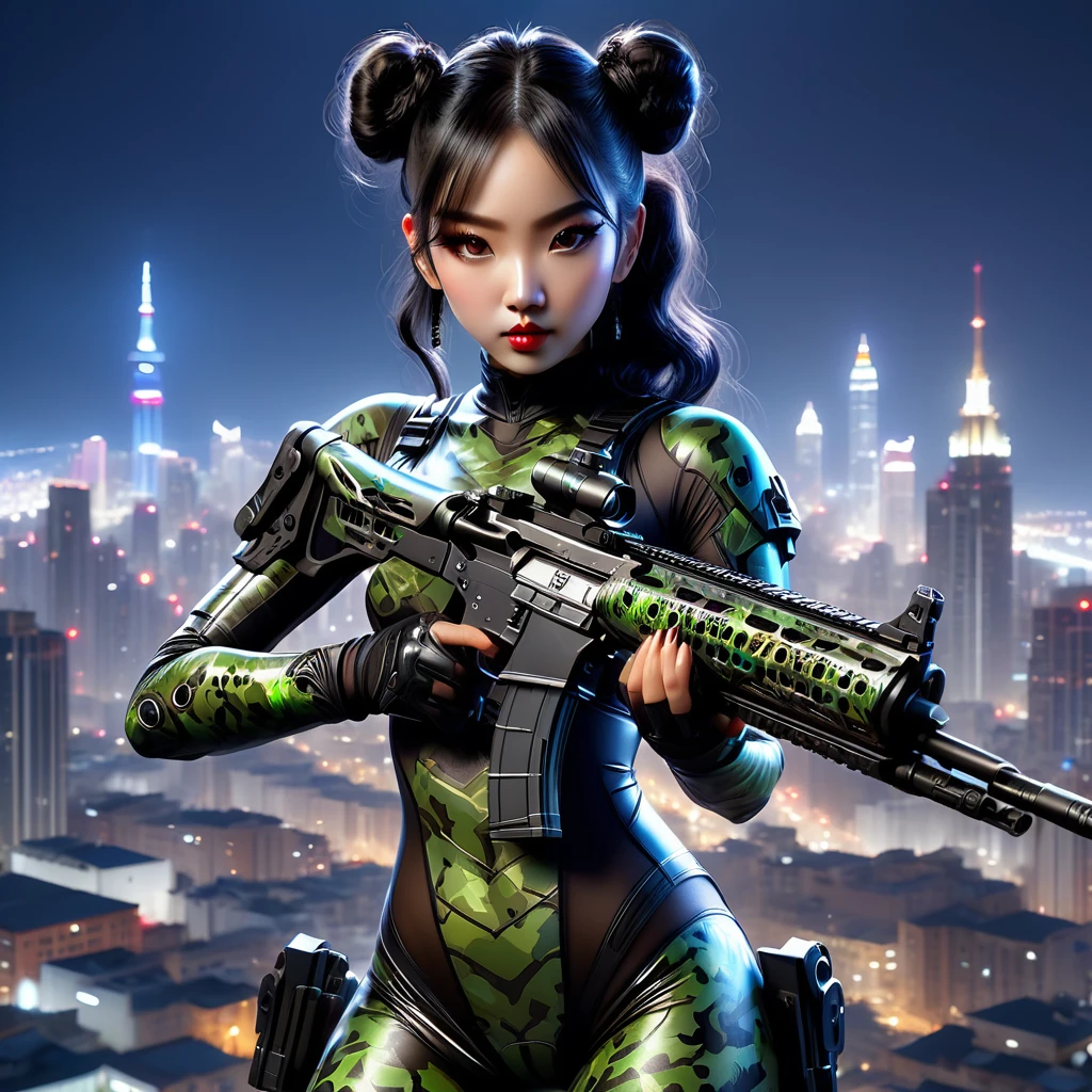 beautiful asian woman, , large breasts, black hair in double buns, wearing latex bodysuit in night camo pattern with night camo makeup, holding assault rifle, in front of cityscape at night, dark background, full body portrait, master of Fangzhongshu, immortal, (best quality, 4k, 8k, highres, masterpiece:1.2), ultra-detailed, (realistic, photorealistic, photo-realistic:1.37), HDR, studio lighting, extreme detail description, vivid colors, cinematic lighting