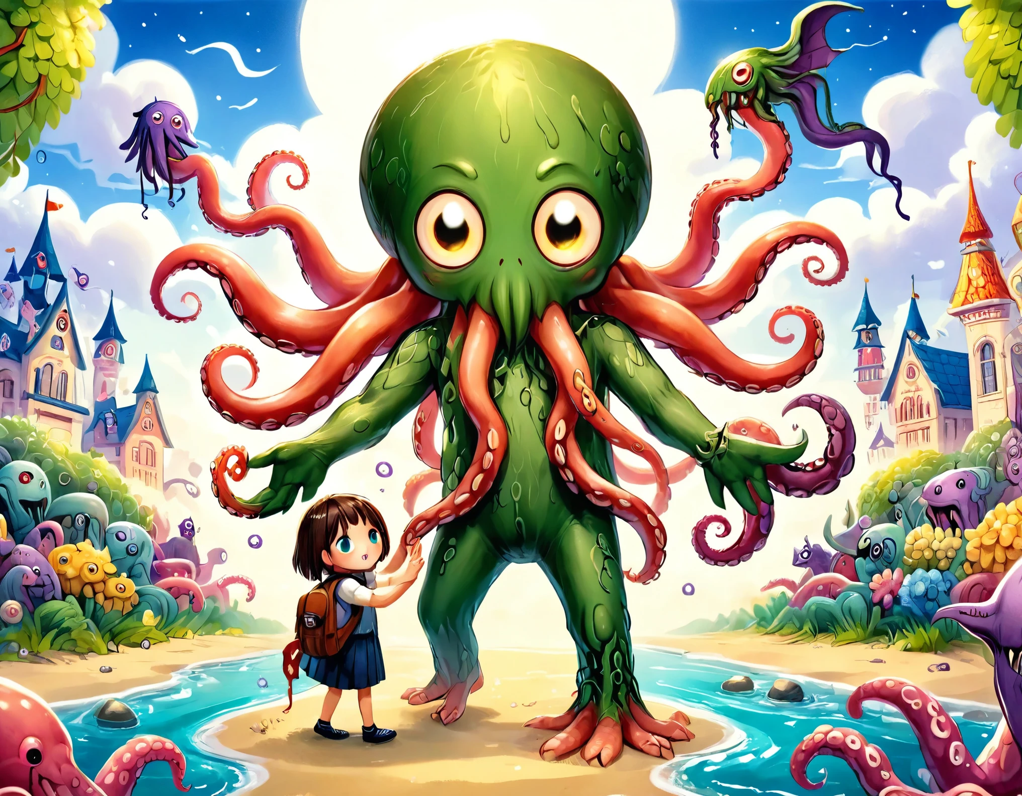 Illustration of Chibi Cthulhu, an evil god, (Six eyes, Countless tentacles), Tentacles spread in all directions, Intricate intertwining tentacles, Cute Chibi Cthulhu leaving school hand in hand with a , elaborately painted face, 