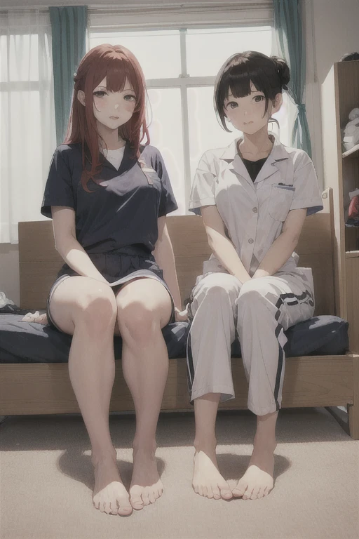 2 girls:1.2, Redhead, Updo, Facial hair stripes, Red eyes, mascara,  skirt, Sagging under the eyes、feet,  highest quality, Very detailed, The most delicate and beautiful, High resolution, (highest quality,4K,8k,masterpiece:1.2),Thighs,color、Jersey、skirtを捲り上げる、(skirtめくり:1)、pants、erotic、sexy、Thighs、Lesbian、Are sleeping、裸feet、Health Room、bed、病院のbed、Hospital room、Nurse uniform、Students and teachers:2、Gym suit