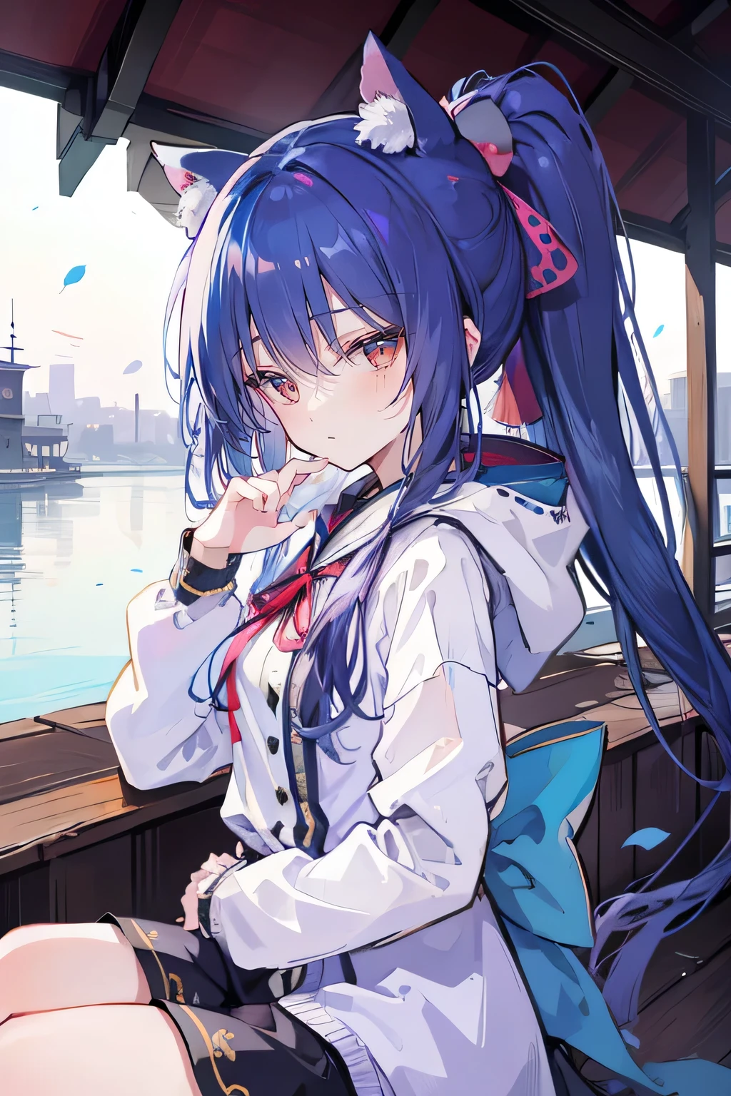 (masterpiece:1.2),Super detailed,lifelike,Expressive eyes,fair skin,perfect face shape,1 girl,
Japanese comics,Gorgeous blue hair,flowing blue hair,flowing clothes,Cat ears,Petals fall,beautiful lola,Baby Angel,
Shaking head with one hand,Cross your legs,Gentle and peaceful background,The pavilion is cool and comfortable,smile, wearing hoodie, background of tokyo,back views,snowing, winter,lie on the water. (Best Quality: 1.3), (Masterpiece: 1.3), (Illustration: 1.3), (Ultra Detailed: 1.3), (Imide Lens: 0.9), 1girl, Medium Breasts, Purple Eyes, ((Dark Blue Hair) ), hair accessories, young, clothing-gladiia, long hair, dark blue hair, indoors, black shorts, high socks, low ponytail, expressionless, upper body, close-up, coat, skirt,