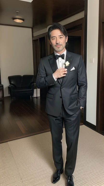   looking at viewer, Japanese man, 45 year old , The head is short and gray, Beard is stubble, Muscular and rugged feel, Black formal wears, Black swallow tail suit, morning , Black bow tie、black shoes, hands holding rose flower, standing, on floor,  wedding Party,  night,  (masterpiece, highest quality, High resolution, Photo realistic, sharp, RAW Photos,  perfection, Very detailed), 
