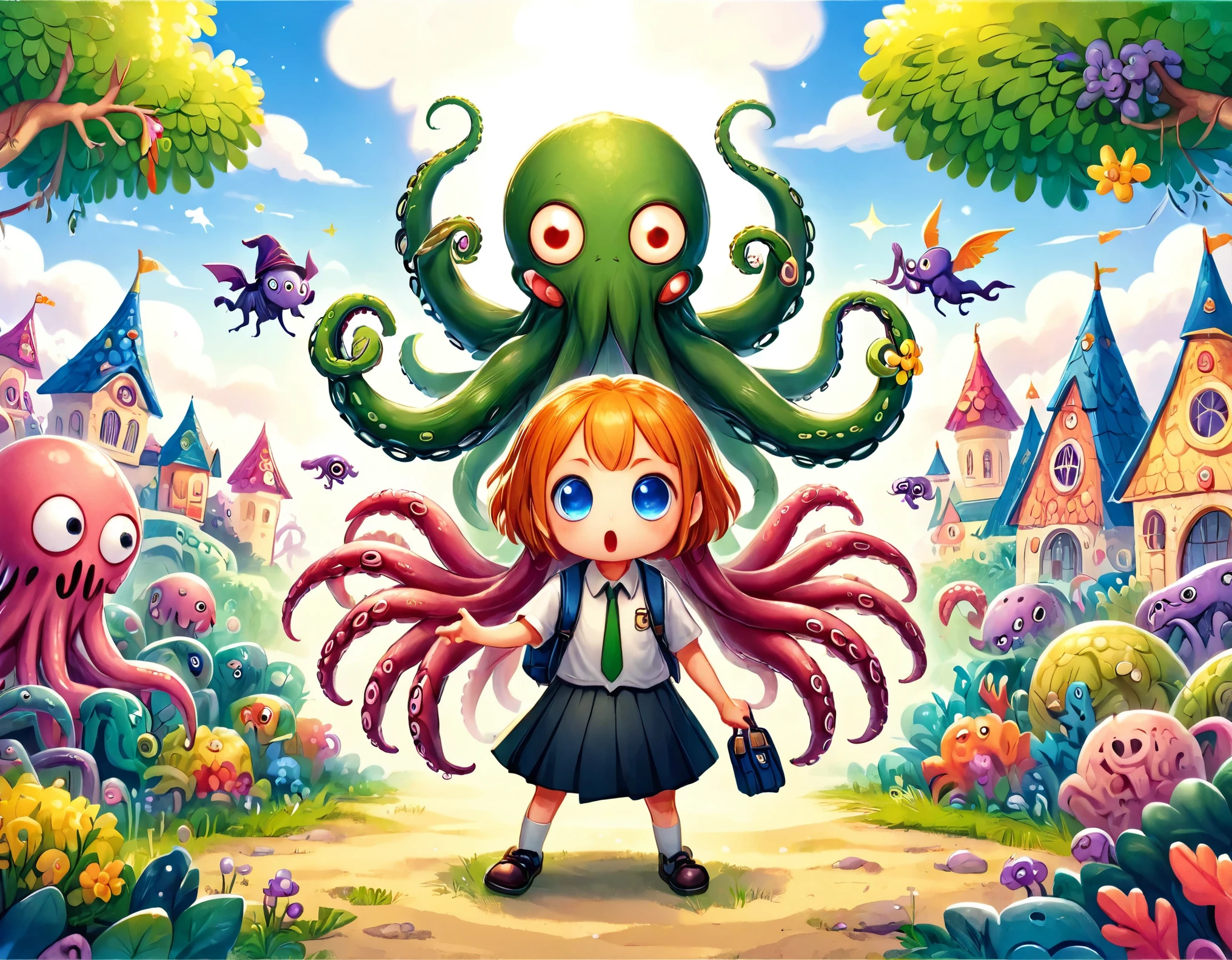 Illustration of Chibi Cthulhu, an evil god, (Six eyes, Countless tentacles), Tentacles spread in all directions, Intricate intertwining tentacles, Cute Chibi Cthulhu leaving school hand in hand with a , elaborately painted face,
