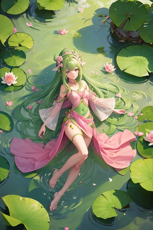 Lotus flower personified as a human female wearing a pink and green dress with her body in water up to waist height among other lotus flowers and lotus leaves . Front view of the female
