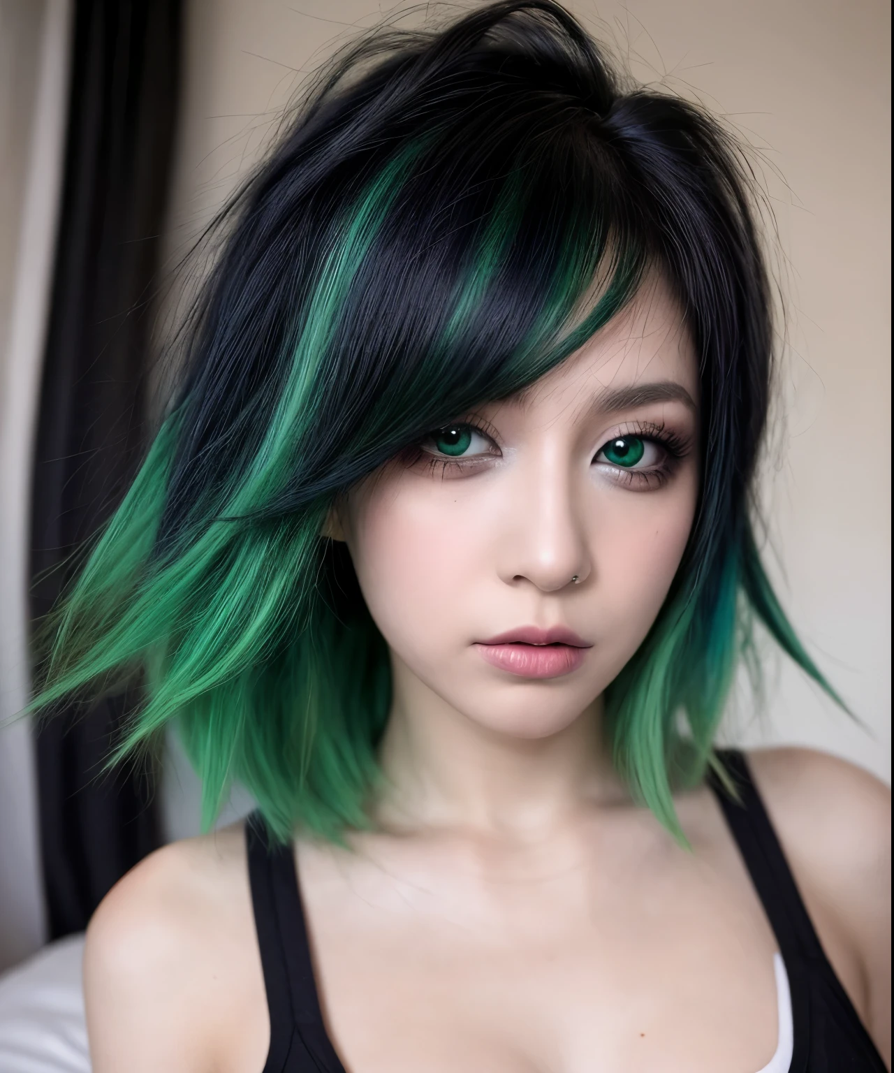 bce, 1girl, green hair, black eyes, asymmetrical hair, bedroom
