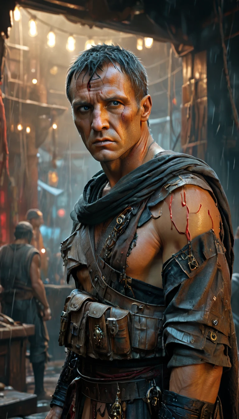 Photorealistic  of a Julius Caesar playing with pirates, muscular shreded, looking straight to the camera , Hyperrealism. Rembramdt, Alyssa Monks, Dramatic Lighting, Color grade, sharp focus, emitting diodes, smoke, artillery, sparks, racks, system unit, motherboard, by pascal blanche rutkowski repin artstation hyperrealism painting concept art of detailed character design matte painting, 4 k resolution blade runner