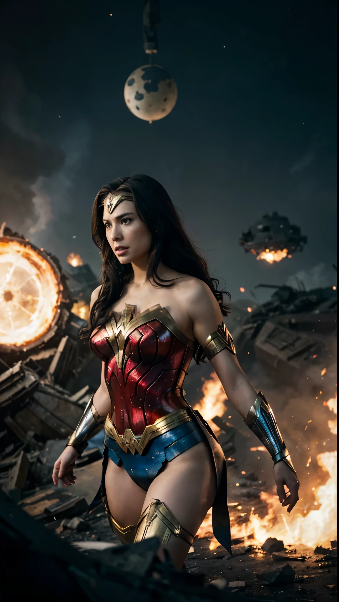 『Wonder Woman』に登場するWonder Womanの登場を映画のようにリアルに表現。The scene changes to a space landscape.、The aftermath of a fierce battle unfolds。In the distance、The remains of a destroyed spaceship are engulfed in swirling flames.、This tells the story of the chaos that followed.。Our Heroes、Wonder Womanは銀河のはるか彼方から現れ、His iconic shield shines brightly against a dark background、Concentrate、I am determined。The scene is lit by a Dutch angle.、Increase visual drama and tension、A luxurious spaceship's technological marvel can be seen faintly in the background。The atmosphere is a fantastic blend of beautiful