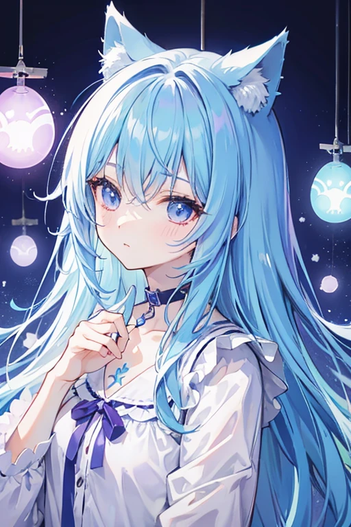Light blue hair、long hair、Cat ear、Light blue and purple odd