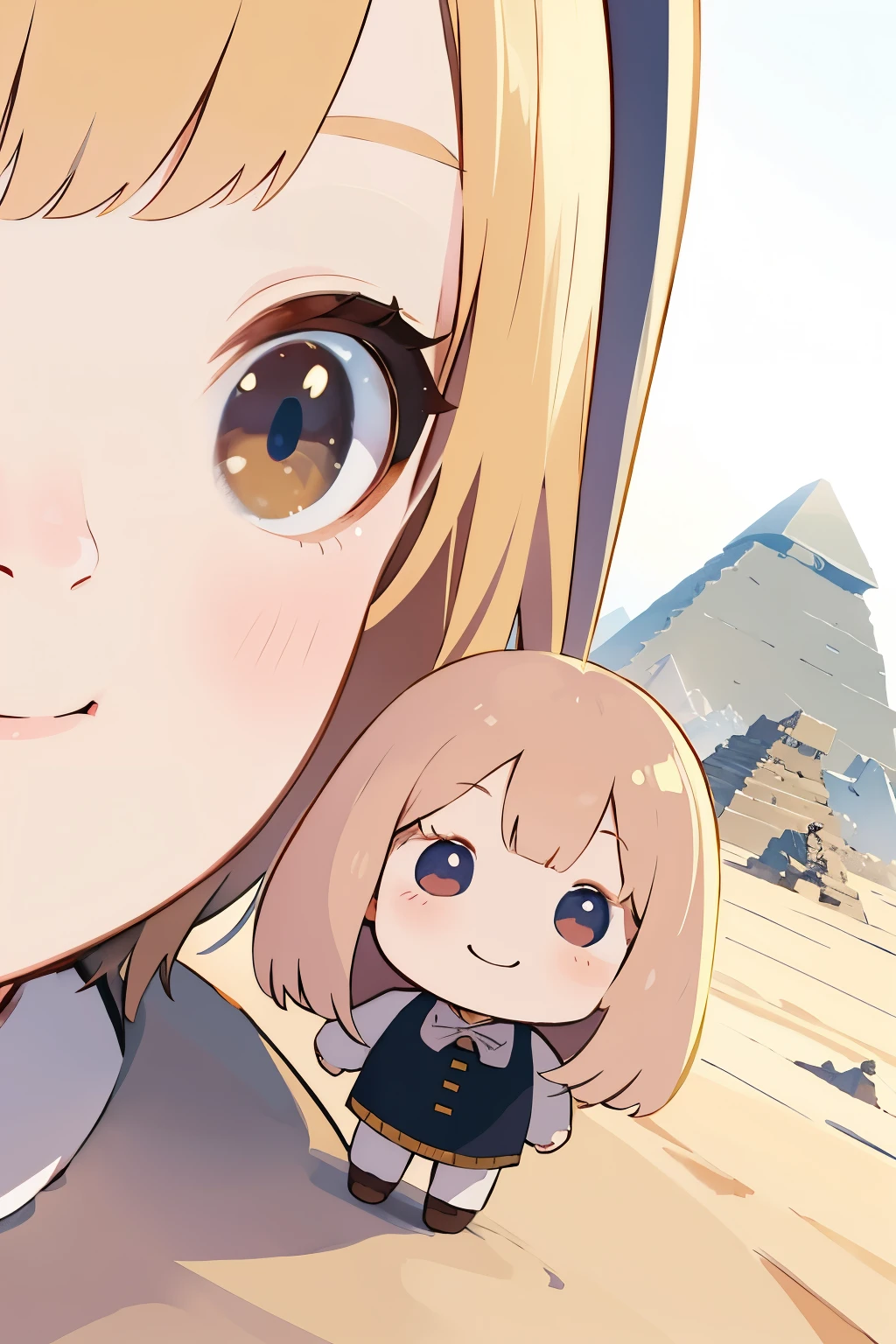 Photorealistic、Chibi Girl Doll(Visit the Egyptian Pyramids、smile、Adventurer Style)