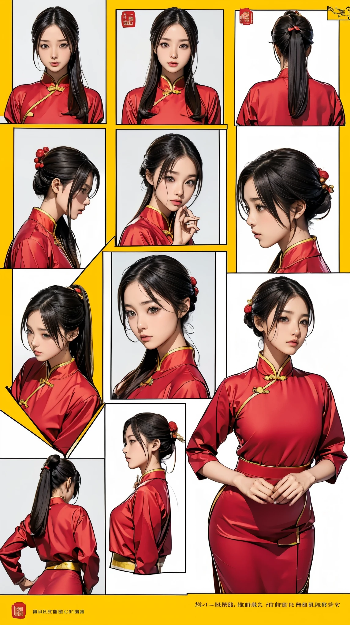 ((masterpiece)),(((highest quality))),((Reference Sheet, Character Design, front, return, ~ ~ side, Mr..々Hairstyle, Mr..々Performance, Facial Expressions)), 14-year-old girl, Cute type, (Very slim:1.4), (Very small ass:1.4), Realistic buttocks, Big Breasts, Short Bob, Thin thighs, Long legs, It's not a big deal, ((Chinese Dance)), (Browsing Caution)