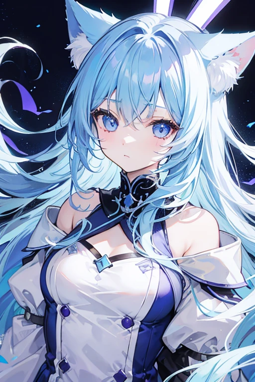 Light blue hair、long hair、Cat ear、Light blue and purple odd eyes