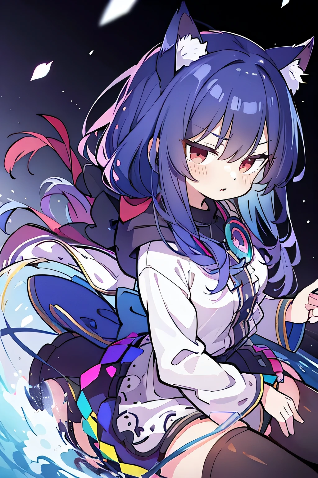（masterpiece：1.2），Super detailed，lifelike，Expressive eyes，fair skin，perfect face shape，1 girl，
Japanese comics,Gorgeous blue hair,flowing blue hair,flowing clothes,Cat ears,Petals fall,beautiful lola,Baby Angel,
Shaking head with one hand，Cross your legs，Gentle and peaceful background，The pavilion is cool and comfortable,smile, wearing hoodie, background of tokyo,back views,snowing, winter,lie on the water. (Best Quality: 1.3), (Masterpiece: 1.3), (Illustration: 1.3), (Ultra Detailed: 1.3), (Imide Lens: 0.9), 1girl, Medium Breasts, Purple Eyes, ((Dark Blue Hair) ), hair accessories, young, clothing-gladiia, long hair, dark blue hair, indoors, black shorts, high socks, low ponytail, expressionless, upper body, close-up, coat, skirt,