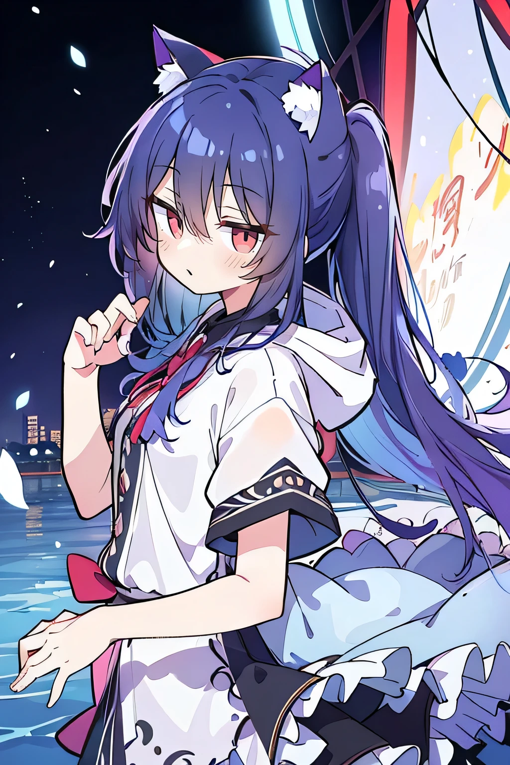 (masterpiece:1.2),Super detailed,lifelike,Expressive eyes,fair skin,perfect face shape,1 girl,
Japanese comics,Gorgeous blue hair,flowing blue hair,flowing clothes,Cat ears,Petals fall,beautiful lola,Baby Angel,
Shaking head with one hand,Cross your legs,Gentle and peaceful background,The pavilion is cool and comfortable,smile, wearing hoodie, background of tokyo,back views,snowing, winter,lie on the water. (Best Quality: 1.3), (Masterpiece: 1.3), (Illustration: 1.3), (Ultra Detailed: 1.3), (Imide Lens: 0.9), 1girl, Medium Breasts, Purple Eyes, ((Dark Blue Hair) ), hair accessories, young, clothing-gladiia, long hair, dark blue hair, indoors, black shorts, high socks, low ponytail, expressionless, upper body, close-up, coat, skirt,