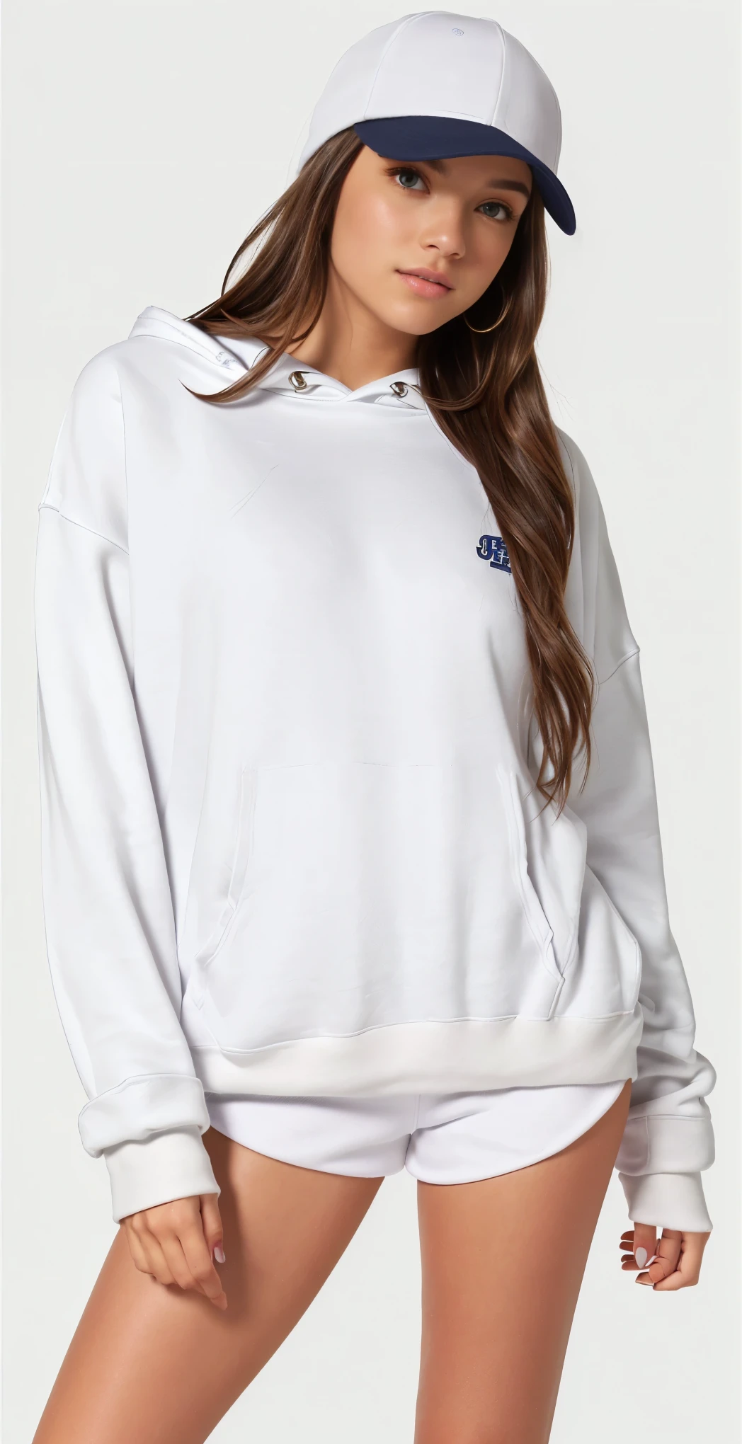 a woman wearing a white sweatshirt and shorts with a baseball cap, light cinza, vestindo moletom, cinza, cinza sweater, roupa branca casual, designed for a cozy aesthetic!, Roupa casual, White Sweater, white and cinza, terno branco liso e justo, fechar detalhes, wearing a cinza hooded sweatshirt, mangas compridas, Moletom cinza, cinza clothes, cheio de detalhes