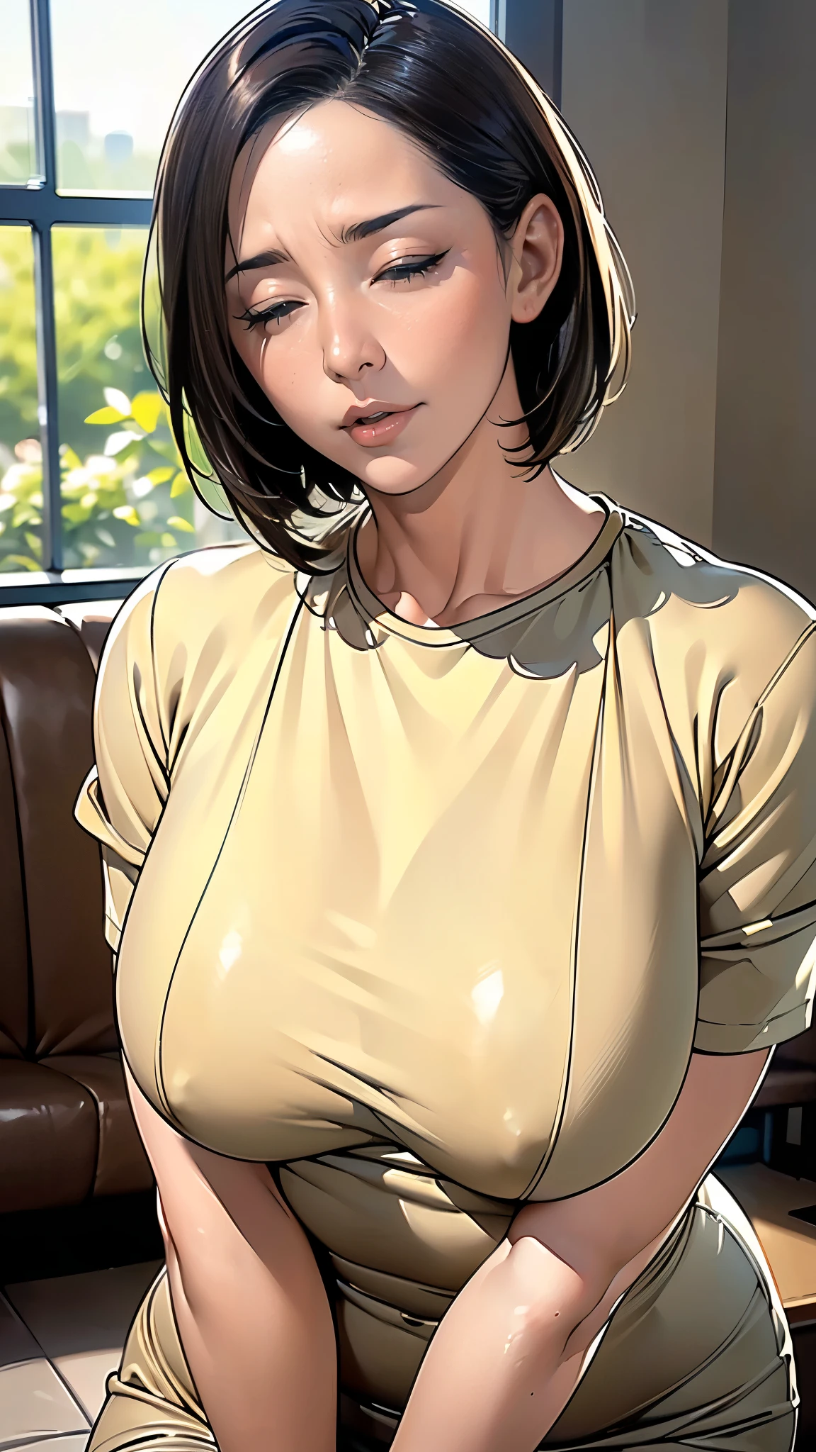 (masterpiece:1.2, highest quality), (Realistic, photoRealistic:1.4),1 female,Mature Woman,48 years old,morning,attendance at work,((morning起きる)),(Short Bob),(The background is the living room),(((Background Blur))),(Upper body close-up),(Close your eyes),(((Stretching oneself while letting out a big yawn))